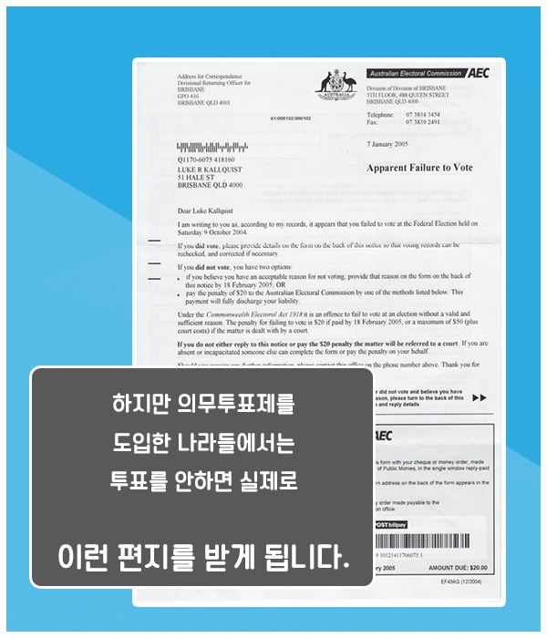 하지만 의무투표제를 도입한 나라들에서는 투표를 안 하면 실제로 이런 편지를 받게 됩니다.