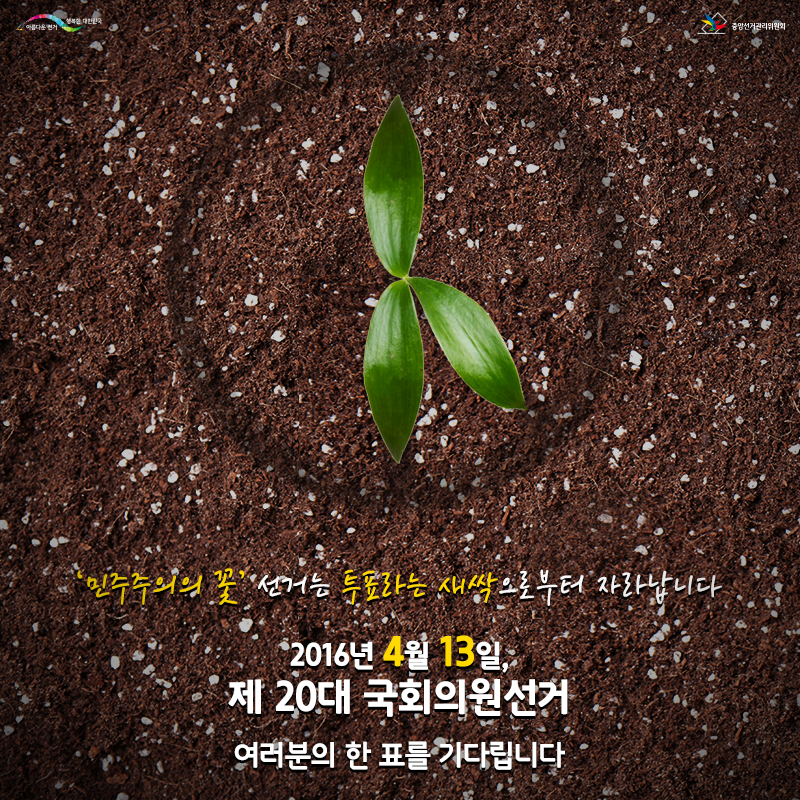 ‘민주주의의 꽃’ 선거는 투표라는 새싹으로부터 자라납니다. 2016년 4월 13일, 제20대 국회의원선거 여러분의 한 표를 기다립니다.