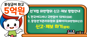 선거법 위반행위 신고·제보 방법안내
포상금이 최고 5억원
1. 전국어디서나 국번없이 1390(유료)
2. 중앙선거관리위원회 홈페이지(위반행위신고)
신고·제보 하기(클릭)